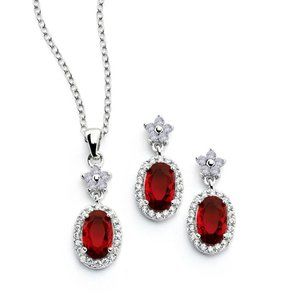Silver 925 Flower Round Red CZ Dangling Stud Earring and Necklace Set